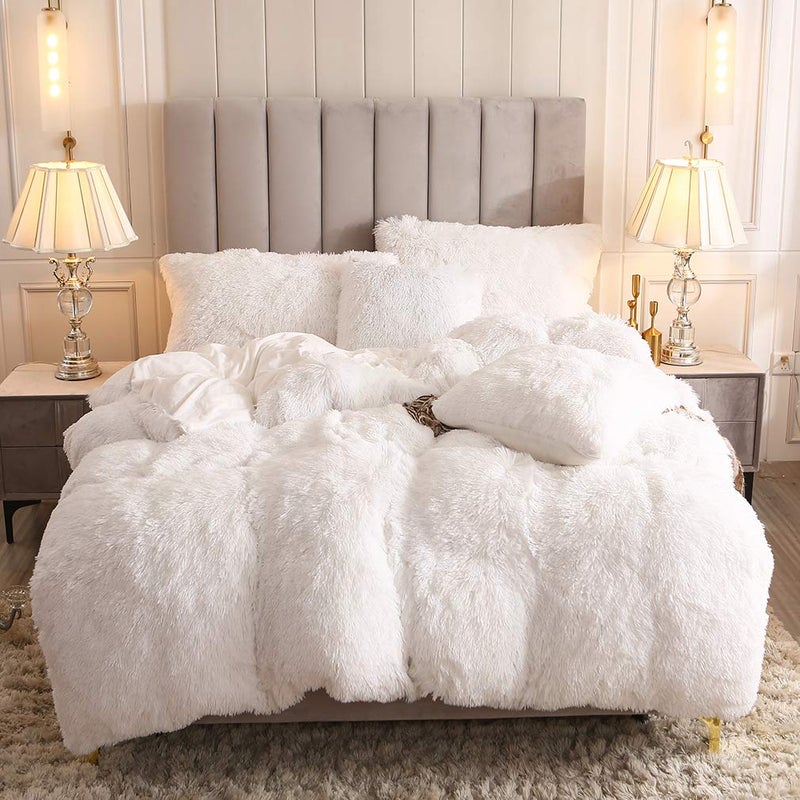 Uhamho Faux Fur Velvet Fluffy Bedding Duvet Cover Set Down Comforter Quilt Cover with Pillow Shams, Ultra Soft Warm (White, Queen) - Image 1